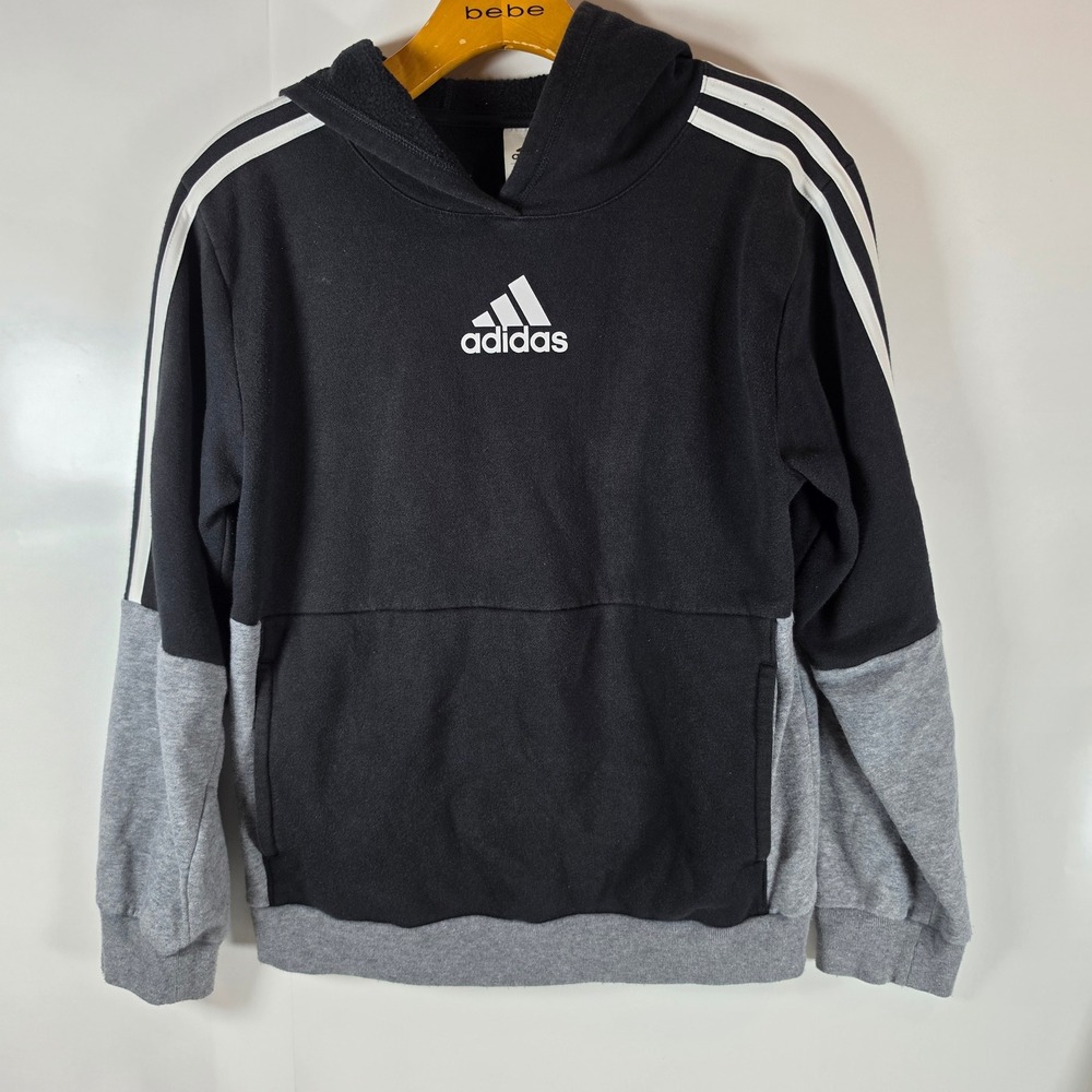 Adidas Hoodie Youth Boys Large Black Grey Colorblock Pullover 3 Stripe Logo